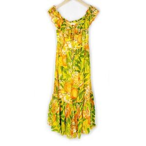 Farm Rio Tangerines Midi Dress Green Orange Off Shoulder Ruffle Tropical NWT XS